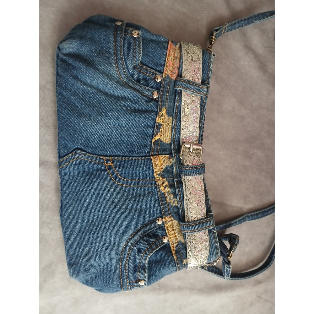 Y2K Denim Pocket Crossbody Bag Blue Jean Purse with Silver Glitter Belt Small - Picture 2 of 8